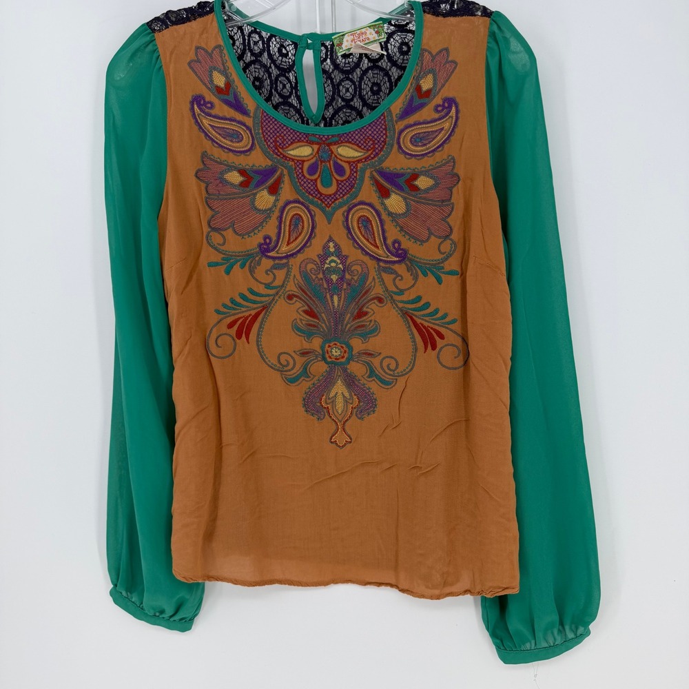 Flying Tomato Blouse Womens Large Orange Green Embroidered Lace Back Boho Retro